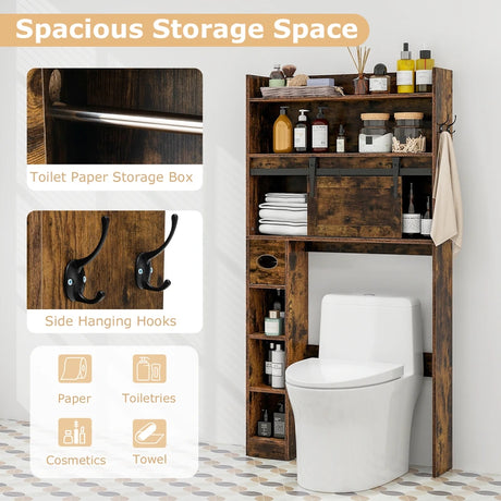 Over The Toilet Storage Cabinet with Sliding Barn Door and Adjustable Shelves-Rustic Brown