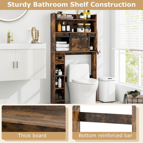 Over The Toilet Storage Cabinet with Sliding Barn Door and Adjustable Shelves-Rustic Brown