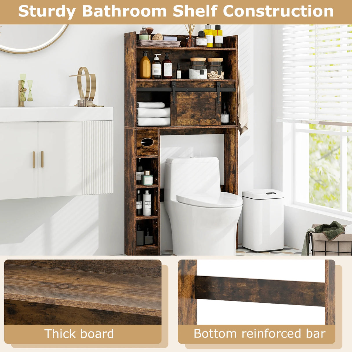 Over The Toilet Storage Cabinet with Sliding Barn Door and Adjustable Shelves-Rustic Brown
