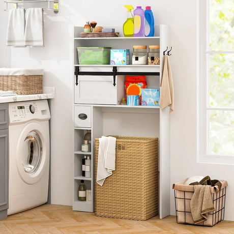 Over The Toilet Storage Cabinet with Sliding Barn Door and Adjustable Shelves-White
