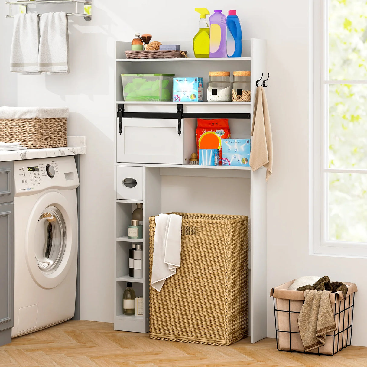 Over The Toilet Storage Cabinet with Sliding Barn Door and Adjustable Shelves-White