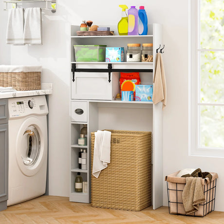 Over The Toilet Storage Cabinet with Sliding Barn Door and Adjustable Shelves-White