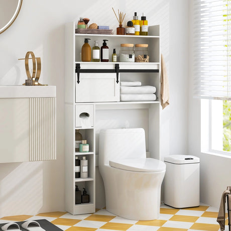 Over The Toilet Storage Cabinet with Sliding Barn Door and Adjustable Shelves-White