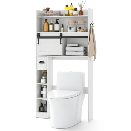 Over The Toilet Storage Cabinet with Sliding Barn Door and Adjustable Shelves-White