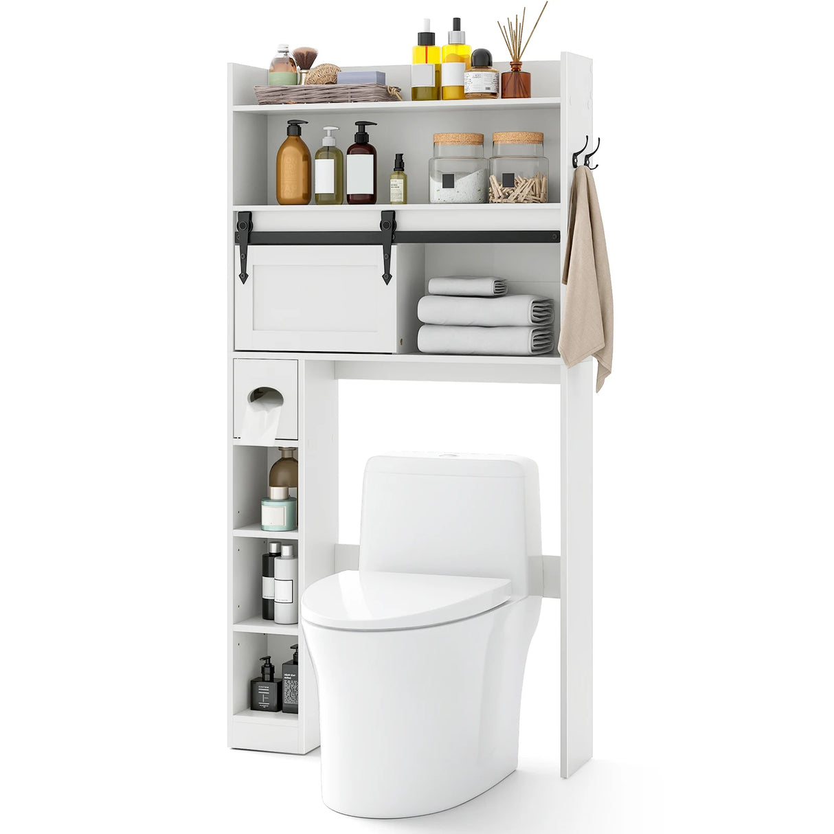Over The Toilet Storage Cabinet with Sliding Barn Door and Adjustable Shelves-White