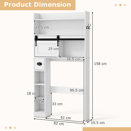 Over The Toilet Storage Cabinet with Sliding Barn Door and Adjustable Shelves-White