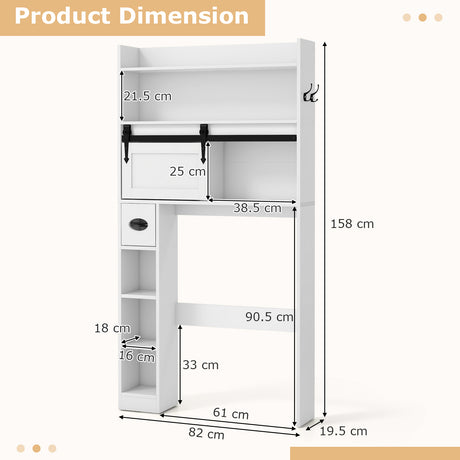 Over The Toilet Storage Cabinet with Sliding Barn Door and Adjustable Shelves-White