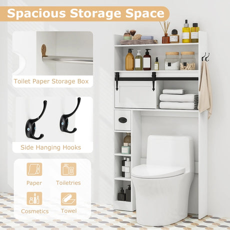 Over The Toilet Storage Cabinet with Sliding Barn Door and Adjustable Shelves-White