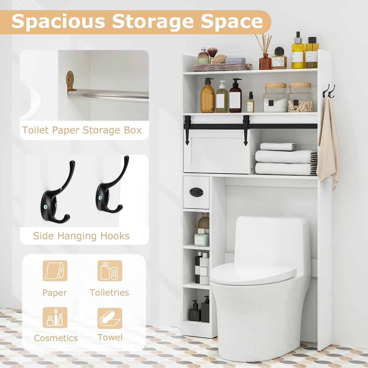 Over The Toilet Storage Cabinet with Sliding Barn Door and Adjustable Shelves-White