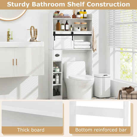 Over The Toilet Storage Cabinet with Sliding Barn Door and Adjustable Shelves-White