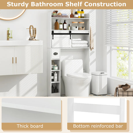 Over The Toilet Storage Cabinet with Sliding Barn Door and Adjustable Shelves-White