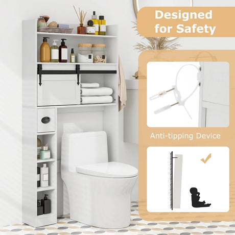 Over The Toilet Storage Cabinet with Sliding Barn Door and Adjustable Shelves-White