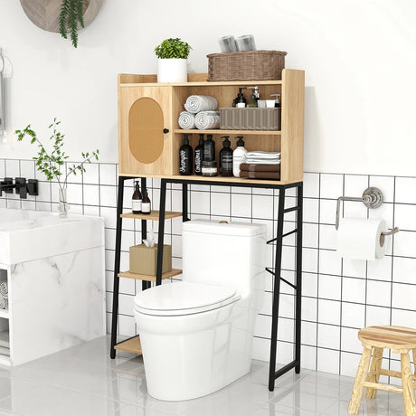 Over The Toilet Storage Cabinet with PE Rattan Door and Adjustable Shelf-Natural