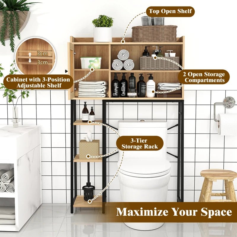 Over The Toilet Storage Cabinet with PE Rattan Door and Adjustable Shelf-Natural