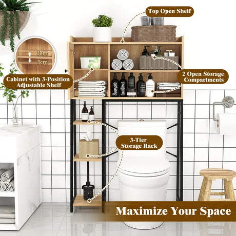 Over The Toilet Storage Cabinet with PE Rattan Door and Adjustable Shelf-Natural