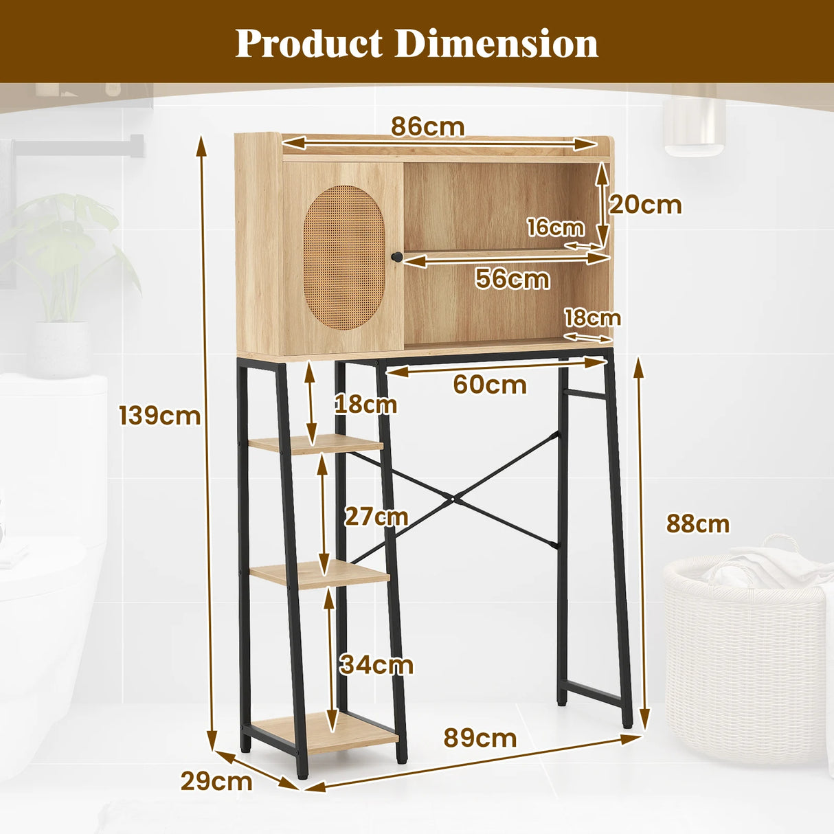 Over The Toilet Storage Cabinet with PE Rattan Door and Adjustable Shelf-Natural