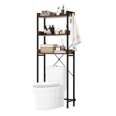 Over The Toilet Storage Rack with Hooks and Adjustable Bottom Bar-Rustic Brown