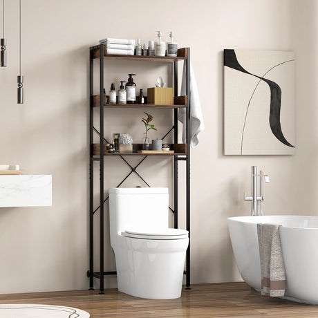 Over The Toilet Storage Rack with Hooks and Adjustable Bottom Bar-Rustic Brown