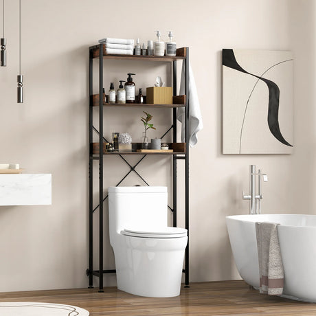 Over The Toilet Storage Rack with Hooks and Adjustable Bottom Bar-Rustic Brown