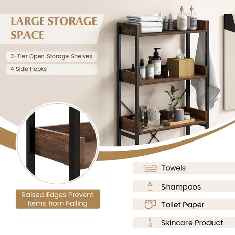 Over The Toilet Storage Rack with Hooks and Adjustable Bottom Bar-Rustic Brown
