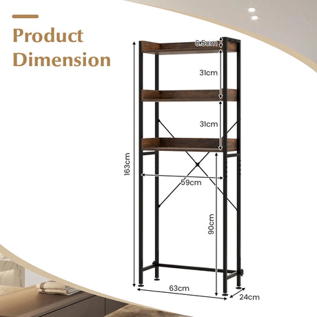 Over The Toilet Storage Rack with Hooks and Adjustable Bottom Bar-Rustic Brown