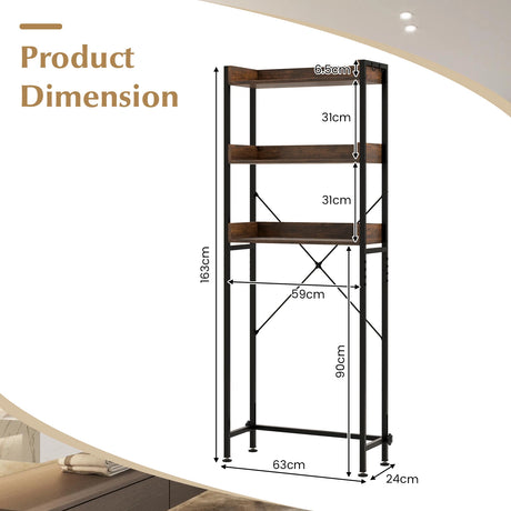 Over The Toilet Storage Rack with Hooks and Adjustable Bottom Bar-Rustic Brown
