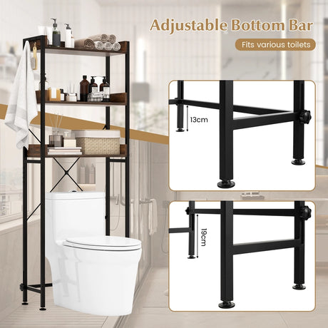 Over The Toilet Storage Rack with Hooks and Adjustable Bottom Bar-Rustic Brown