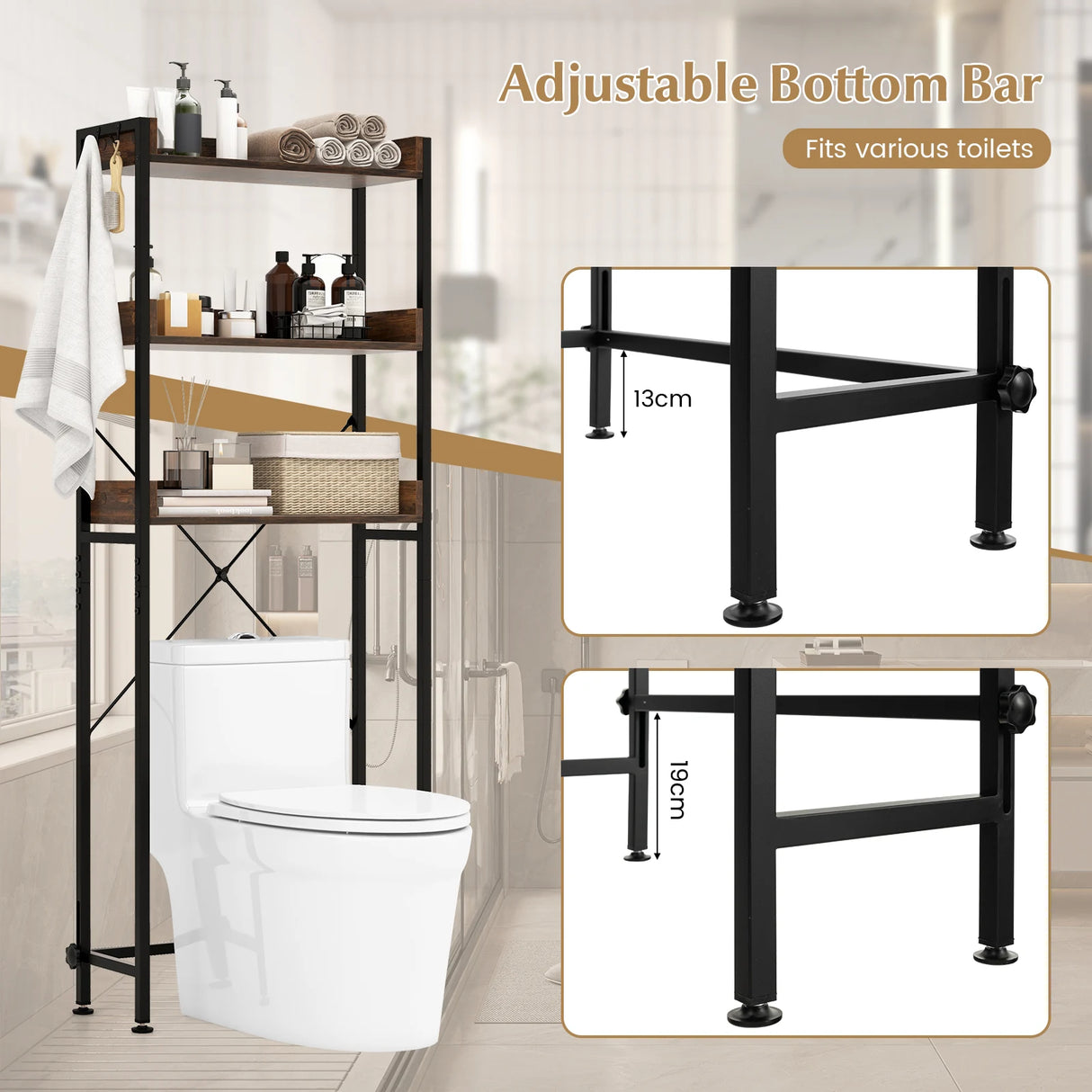 Over The Toilet Storage Rack with Hooks and Adjustable Bottom Bar-Rustic Brown