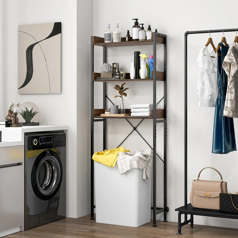Over The Toilet Storage Rack with Hooks and Adjustable Bottom Bar-Rustic Brown