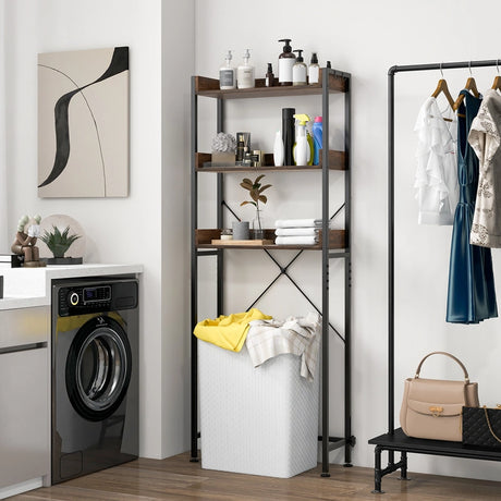 Over The Toilet Storage Rack with Hooks and Adjustable Bottom Bar-Rustic Brown
