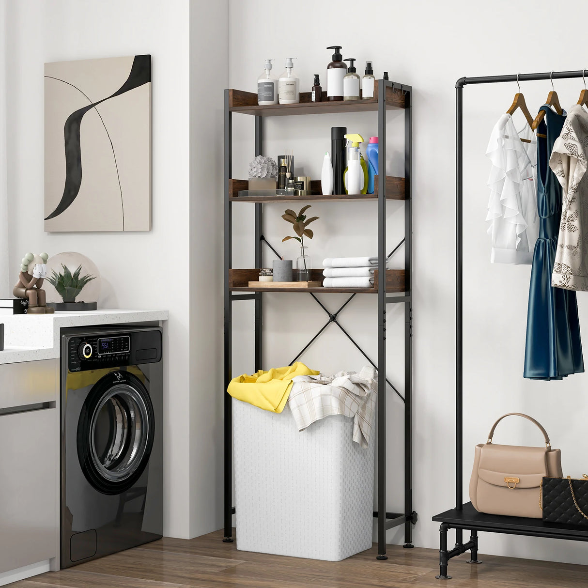 Over The Toilet Storage Rack with Hooks and Adjustable Bottom Bar-Rustic Brown