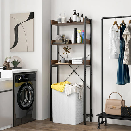 Over The Toilet Storage Rack with Hooks and Adjustable Bottom Bar-Rustic Brown