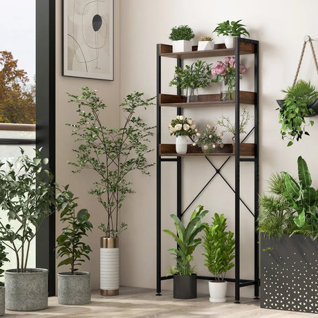 Over The Toilet Storage Rack with Hooks and Adjustable Bottom Bar-Rustic Brown