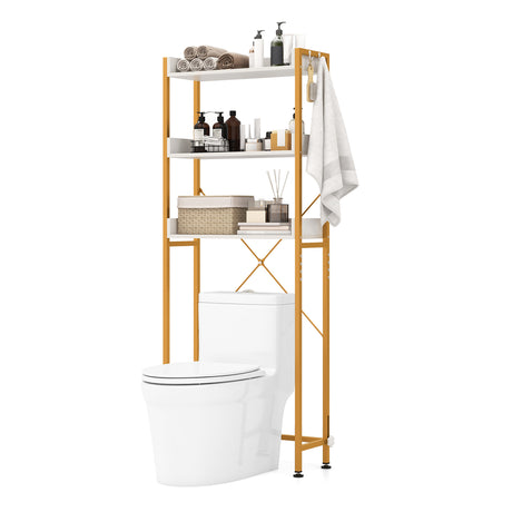 Over The Toilet Storage Rack with Hooks and Adjustable Bottom Bar-White