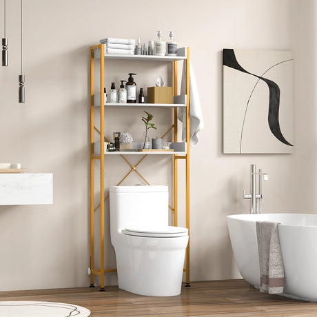 Over The Toilet Storage Rack with Hooks and Adjustable Bottom Bar-White