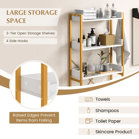 Over The Toilet Storage Rack with Hooks and Adjustable Bottom Bar-White