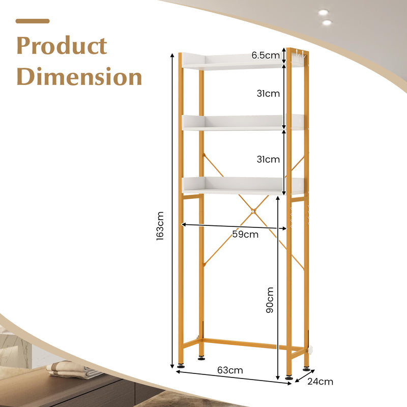 Over The Toilet Storage Rack with Hooks and Adjustable Bottom Bar-White