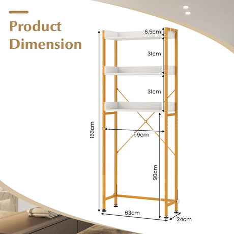Over The Toilet Storage Rack with Hooks and Adjustable Bottom Bar-White