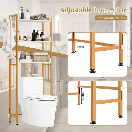 Over The Toilet Storage Rack with Hooks and Adjustable Bottom Bar-White