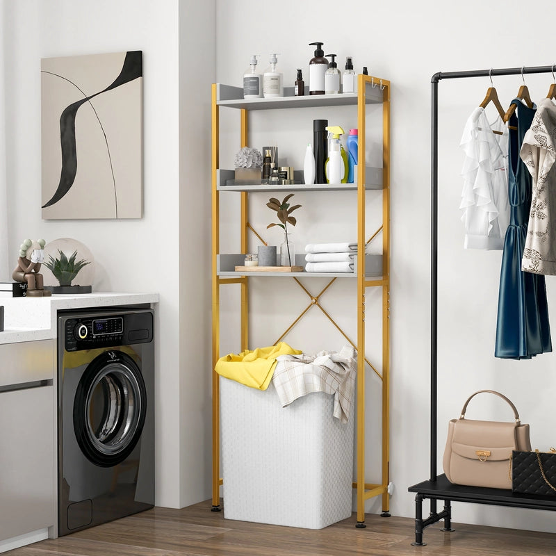 Over The Toilet Storage Rack with Hooks and Adjustable Bottom Bar-White