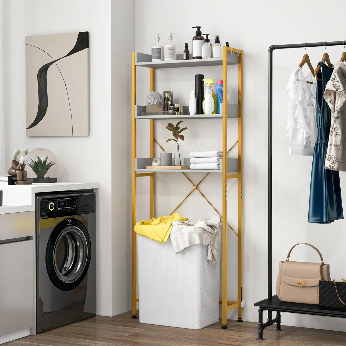 Over The Toilet Storage Rack with Hooks and Adjustable Bottom Bar-White