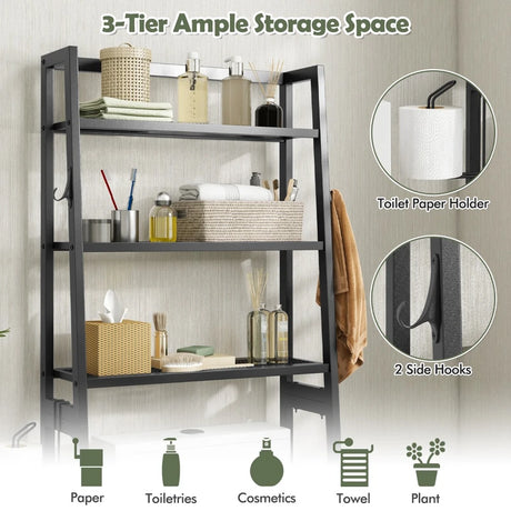 3-Tier Over The Toilet Storage Shelf with Adjustable Bottom Bar-Black