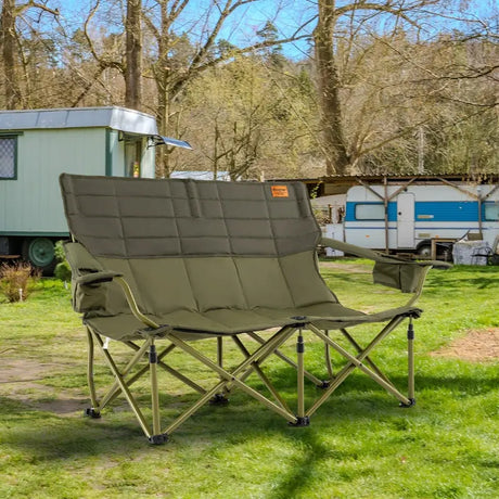 Oversized 2 Person Folding Camping Chair with Adjustable Armrests and Cup Holders-Green