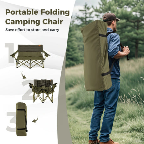 Oversized 2 Person Folding Camping Chair with Adjustable Armrests and Cup Holders-Green