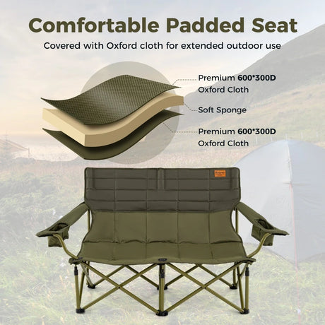 Oversized 2 Person Folding Camping Chair with Adjustable Armrests and Cup Holders-Green