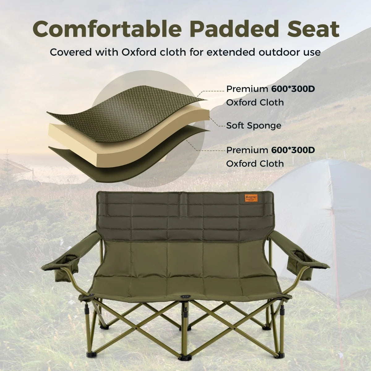 Oversized 2 Person Folding Camping Chair with Adjustable Armrests and Cup Holders-Green