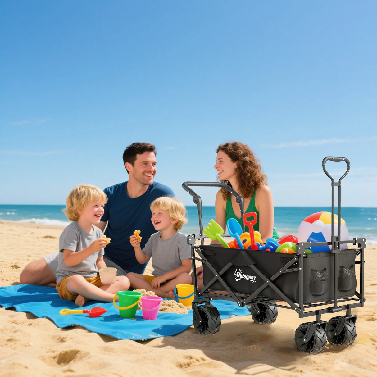Outsunny Folding Trolley Cart Storage Wagon Beach Trailer 4 Wheels with Handle Overhead Canopy Cart Push Pull for Camping, Black