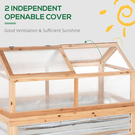 Outsunny Raised Garden Bed with Greenhouse Top, Garden Wooden Cold Frame Greenhouse Flower Planter Protection with 2 Independent Roofs, 122x 61 x 82cm, Natural