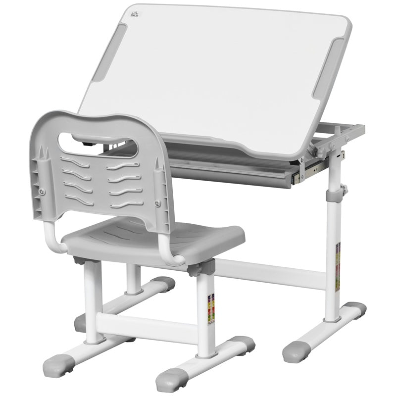 HOMCOM Kids Desk and Chair Set, Student Adjustable Writing Desk, with Drawer, Pen Slot, Hook - Grey