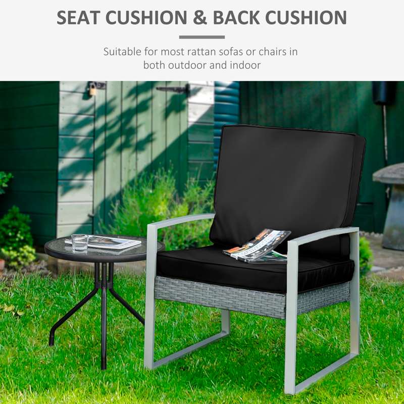 Outsunny 2 Piece Garden Chair Cushions with 1 Seat Cushion 1 Back Pad for Rattan Sofa Chair, Outdoor Seat Pads for Indoor and Outdoor Use, Black